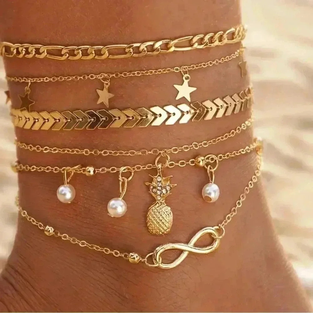 Golden pineapple 5 pcs faux pearl charm ankle bracelet